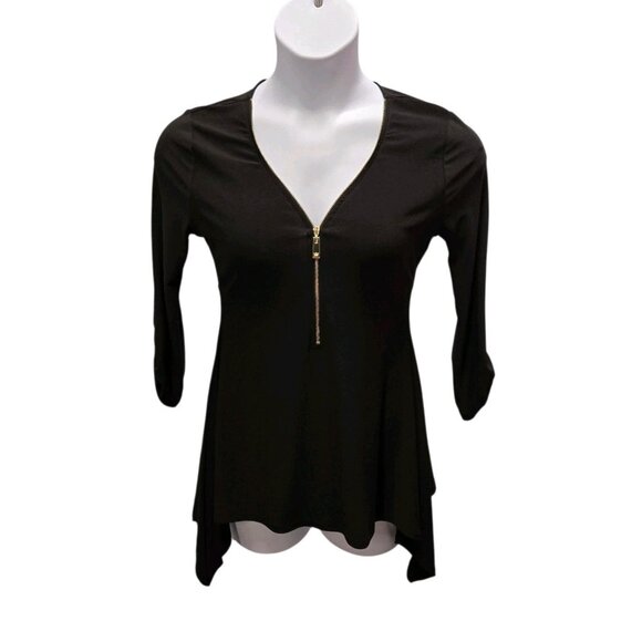 Chaus New York Womens Small Black Zip V Neck Blouse Roll Tab Sleeve Jersey Knit - Picture 1 of 6